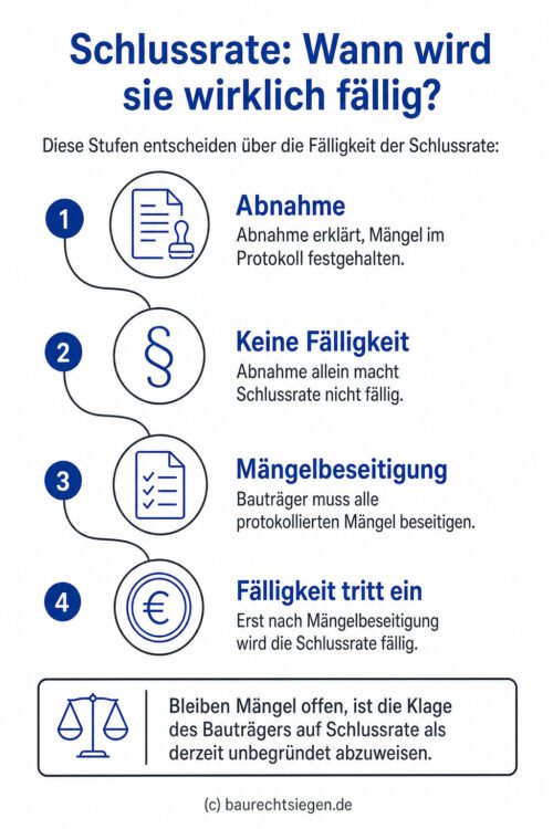 Infografik: Der Prozess zur Fälligkeit der Schlussrate im Bauträgervertrag zeigt, dass die Abnahme allein nicht ausreicht, sondern erst die vollständige Beseitigung aller im Protokoll vermerkten Mängel den Zahlungsanspruch auslöst.