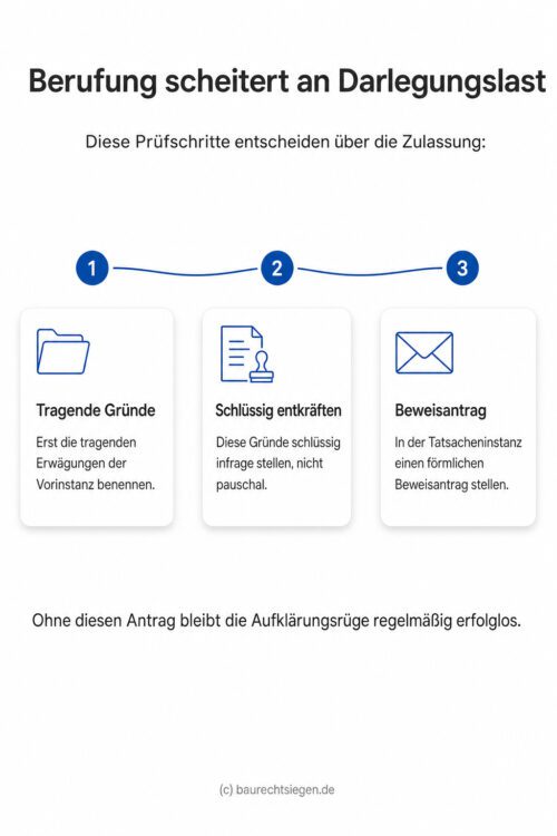 Infografik: Ein Zeitstrahl stellt die drei kumulativen Prüfschritte für eine erfolgreiche Berufungszulassung dar: erstens die tragenden Gründe der Vorinstanz benennen, zweitens diese schlüssig entkräften und drittens zuvor einen förmlichen Beweisantrag in der Tatsacheninstanz stellen.