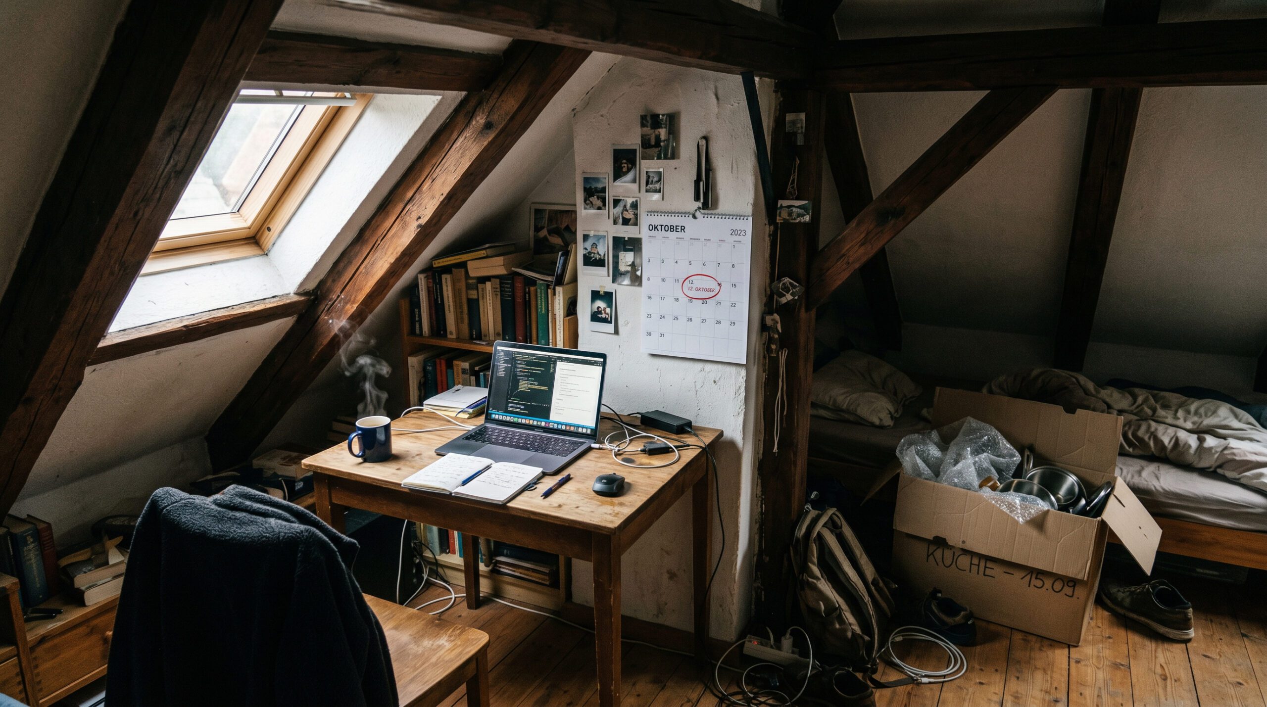 Bewohnte Dachschräge mit Schreibtisch, Laptop, Kaffeetasse, Wandkalender und einem Umzugskarton in einer engen Zimmerecke.