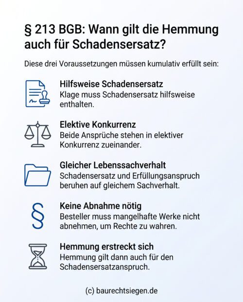 Infografik: Voraussetzungen für die Verjährungshemmung bei Schadensersatz im Werkvertrag gemäß § 213 BGB nach dem Urteil des OLG Bamberg.