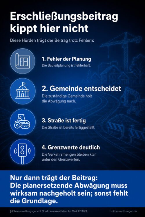 Infografik (Checkliste): Zeigt Voraussetzungen für Erschließungsbeiträge bei fehlerhafter Planung nach § 125 BauGB.