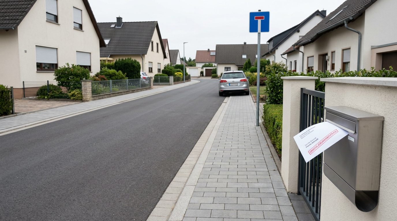 Neu asphaltierte Sackgasse in einem Wohngebiet mit Bordsteinen und einem offiziellen Brief im Briefkasten.