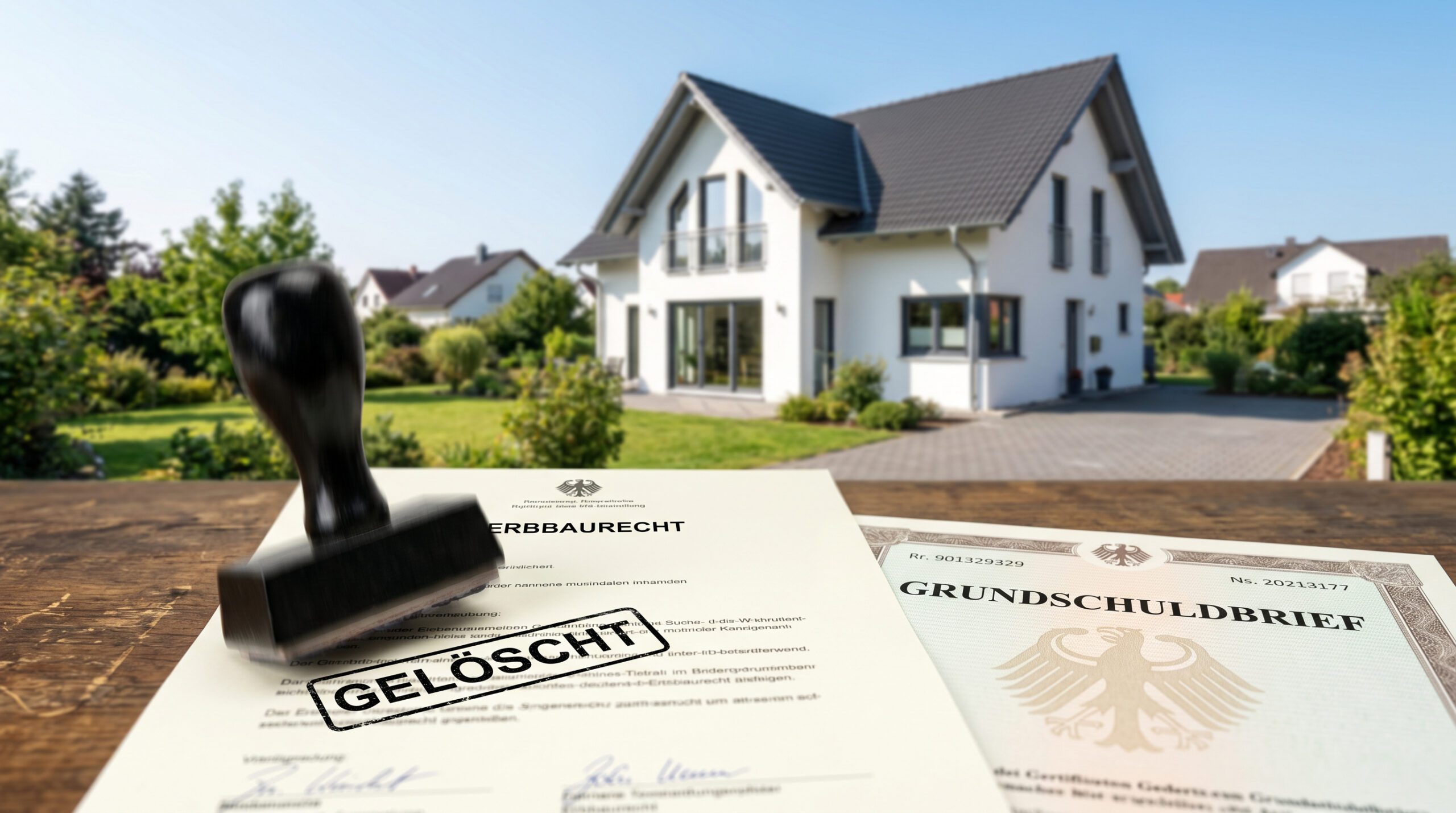 Ein Einfamilienhaus im Hintergrund, davor eine Urkunde mit dem Stempel GELÖSCHT und ein offizieller Grundschuldbrief.