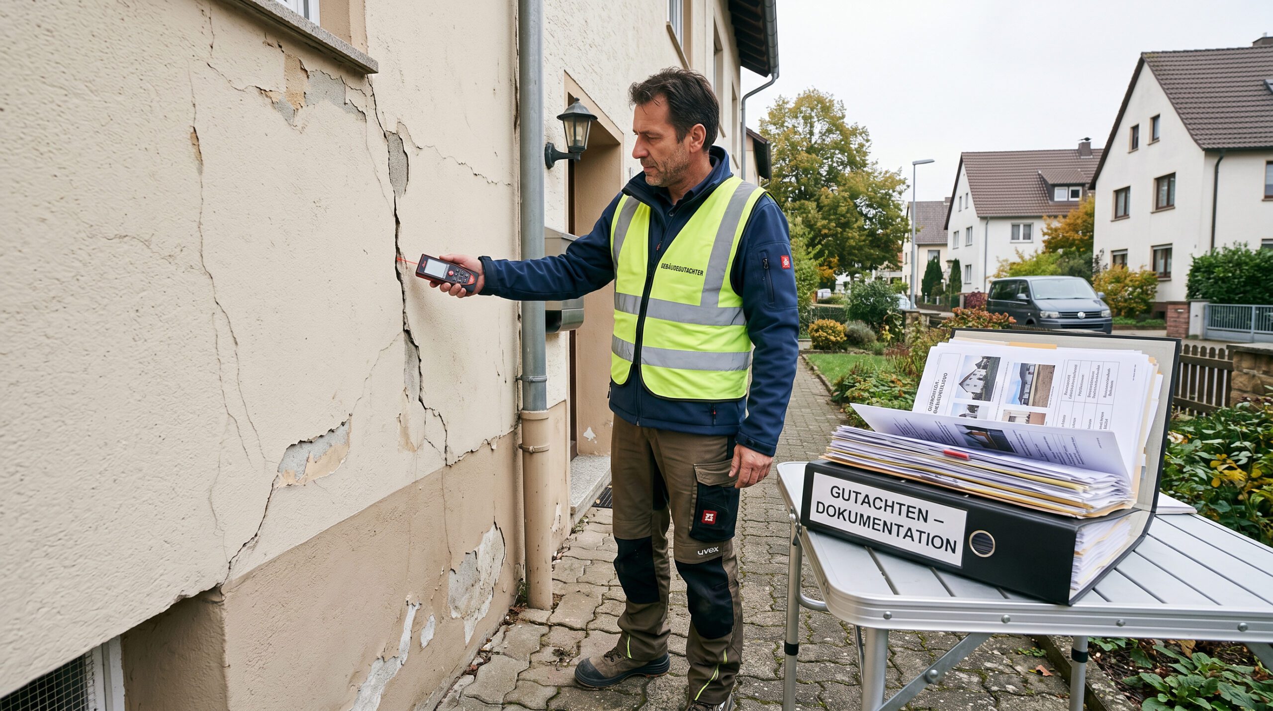 Ein Baugutachter untersucht eine beschädigte Hausfassade neben einem dicken Ordner mit umfangreicher Dokumentation.