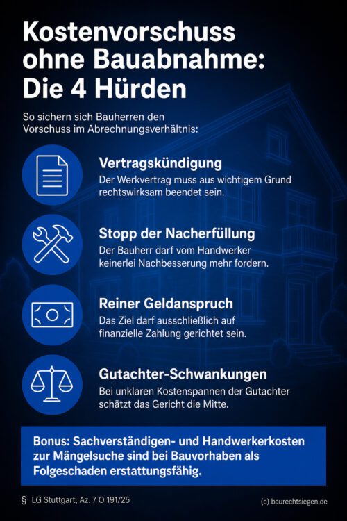 Infografik (Checkliste): 4 Voraussetzungen für Kostenvorschuss ohne Abnahme bei Baupfusch laut LG Stuttgart.