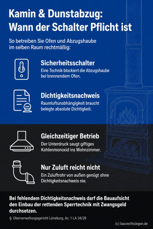 Infografik (Do's und Don'ts): Kamin-Sicherheit und Abzugshauben-Pflichten bei raumluftabhängigem Betrieb laut OVG Lüneburg.